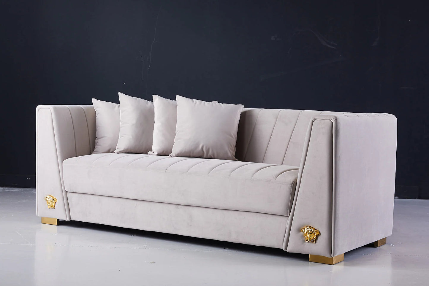 Aesthetic Deniz 3 Seater Beige Velvet Couch Display