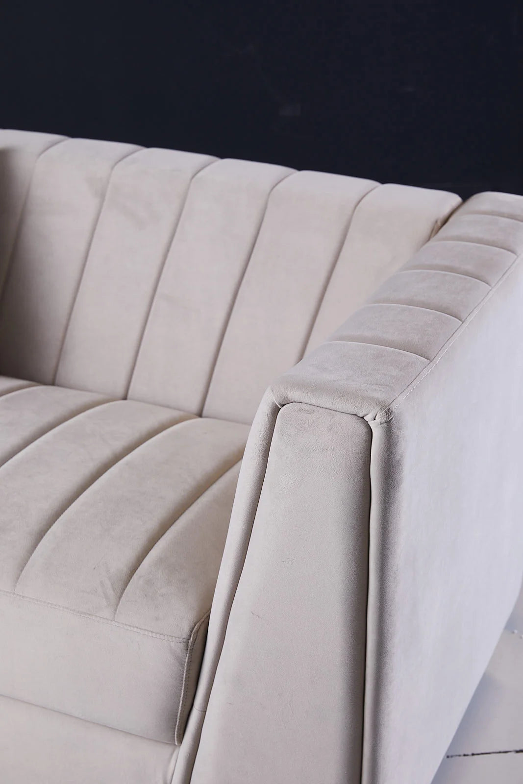 Deniz 3 Seater Beige Velvet Couch Closeup Armrest Details