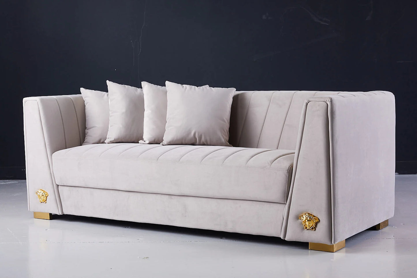 Deniz 3 Seater Beige Velvet Couch Front View