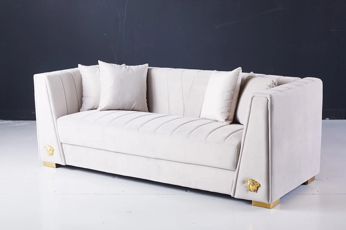 Deniz 3 Seater Beige Velvet Couch Left Angle View