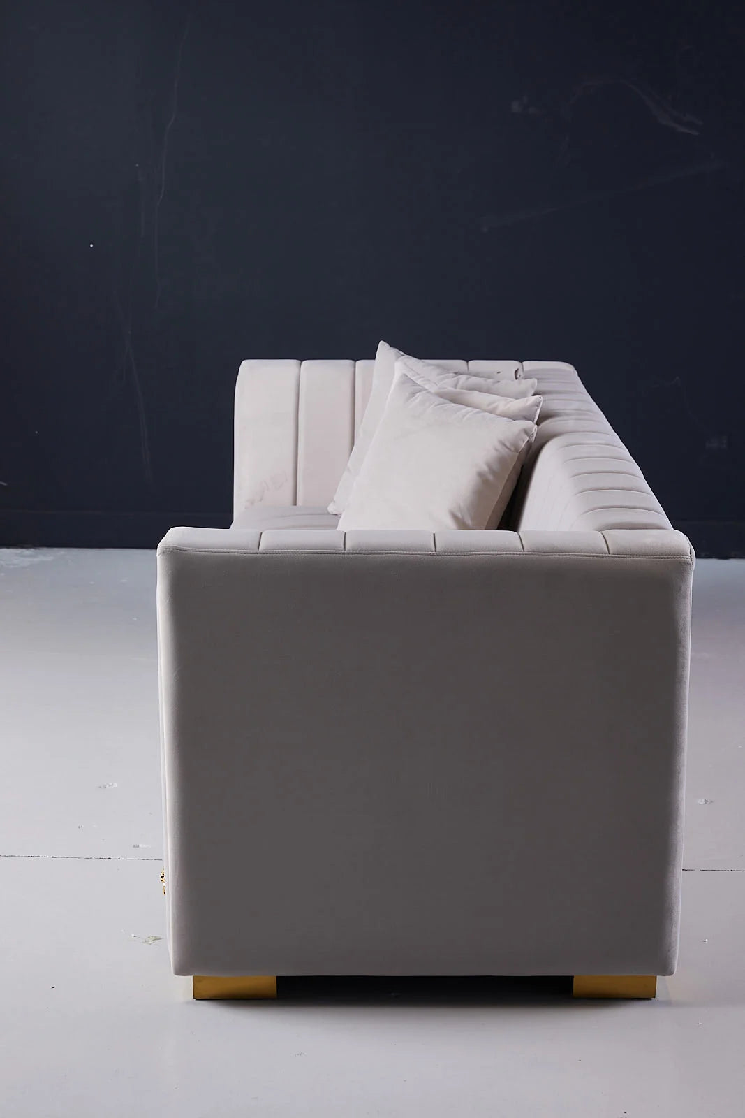 Deniz 3 Seater Beige Velvet Couch Side View