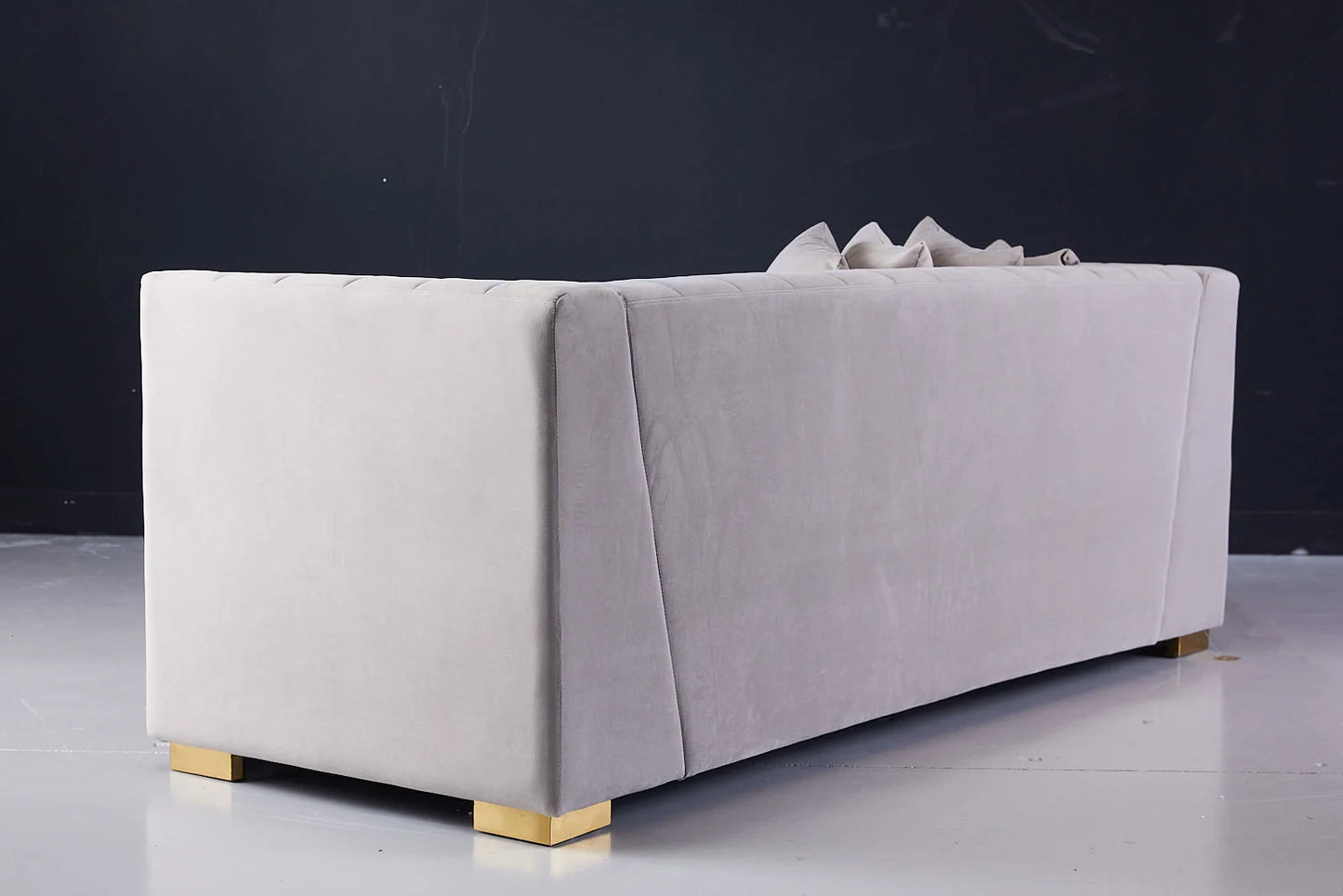 Deniz 3 Seater Beige Velvet Couch Sturdy Rear View