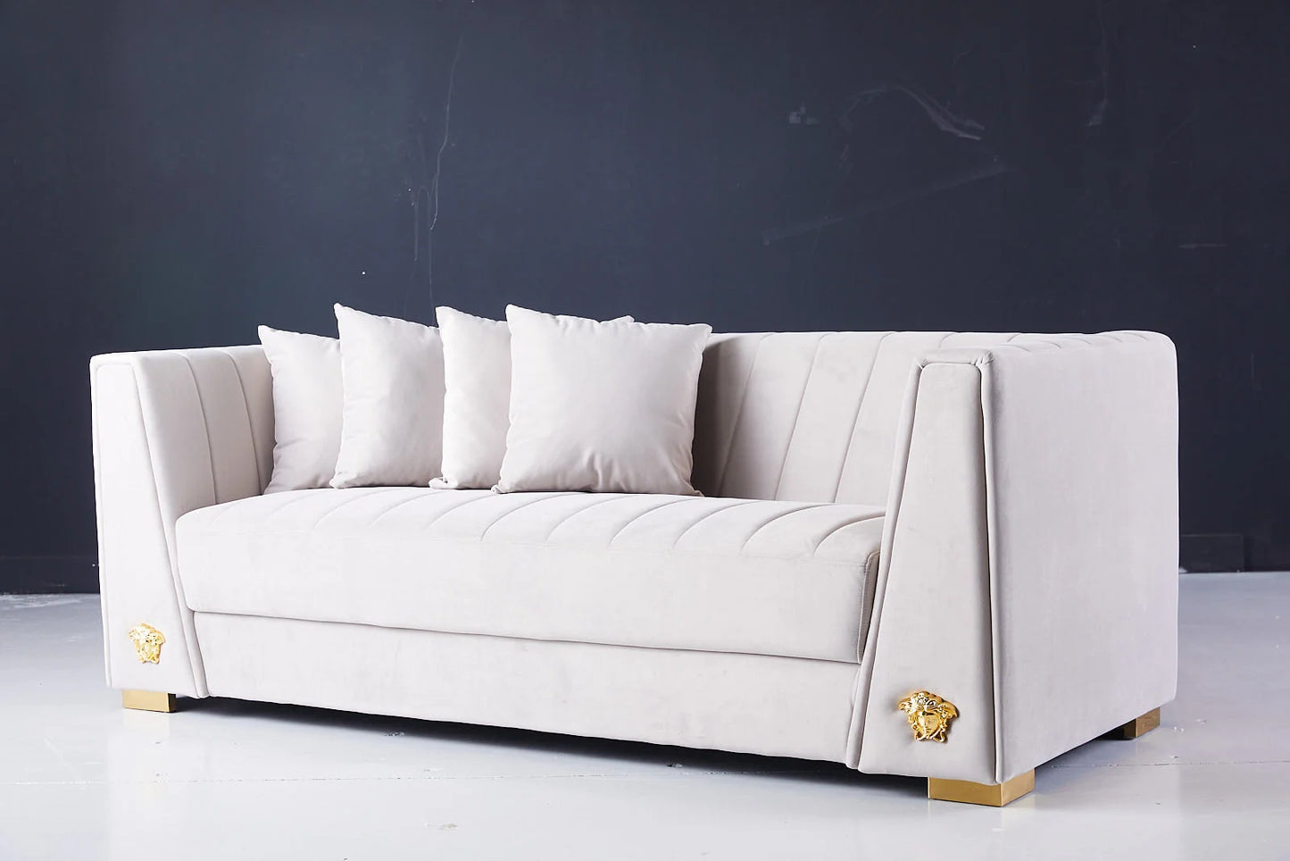 Deniz 3 Seater Beige Velvet With Couch Pillows