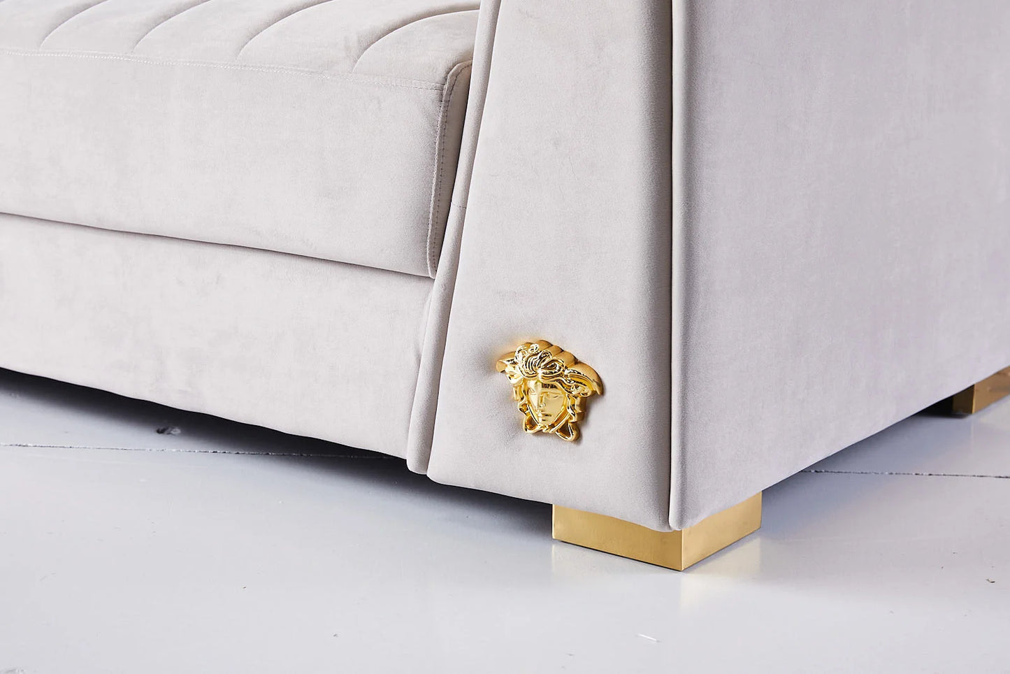 Deniz Beige Velvet Couch Golden Ornament Detail
