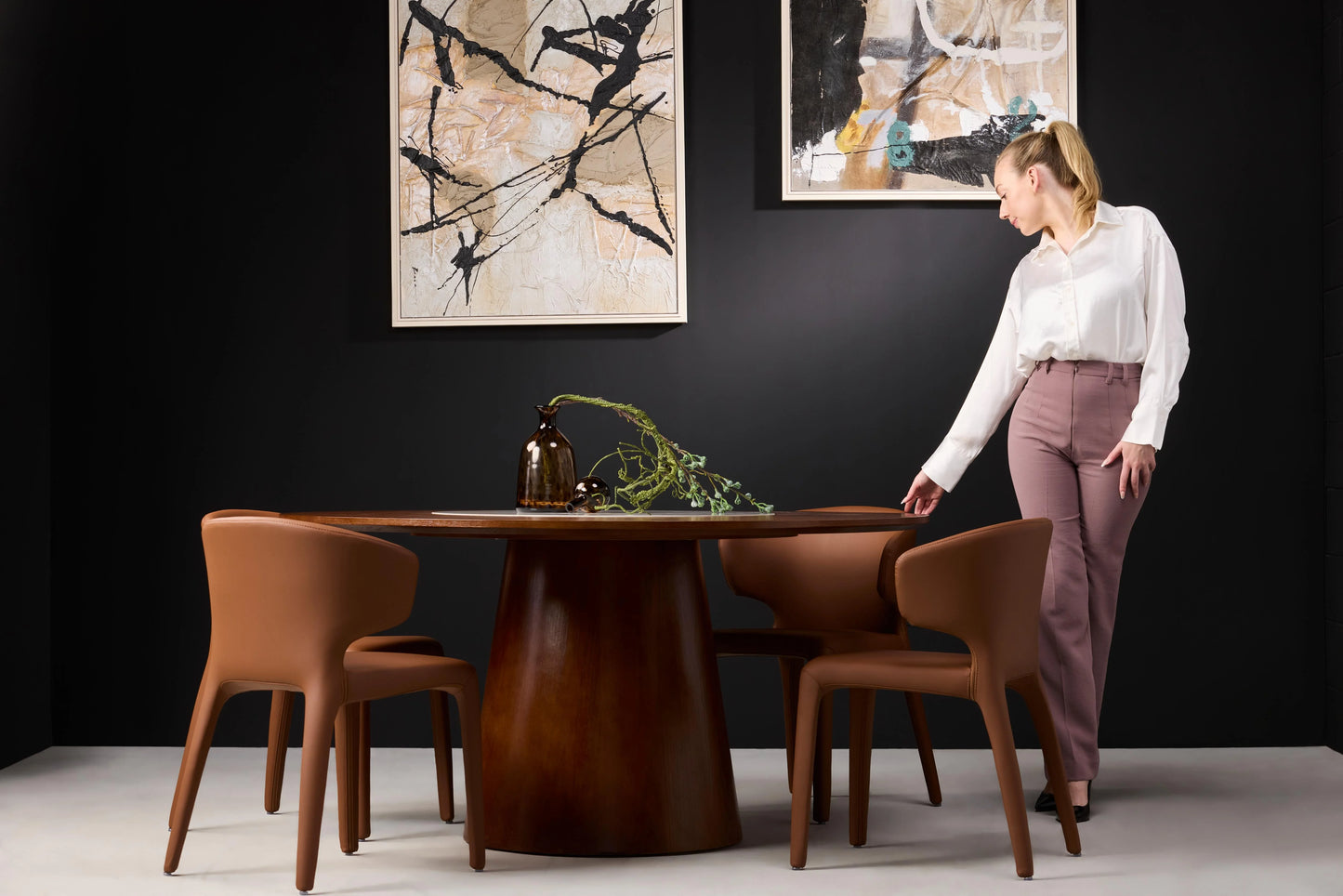 Female Model Walk Around Yara Dark Wood Dining Table