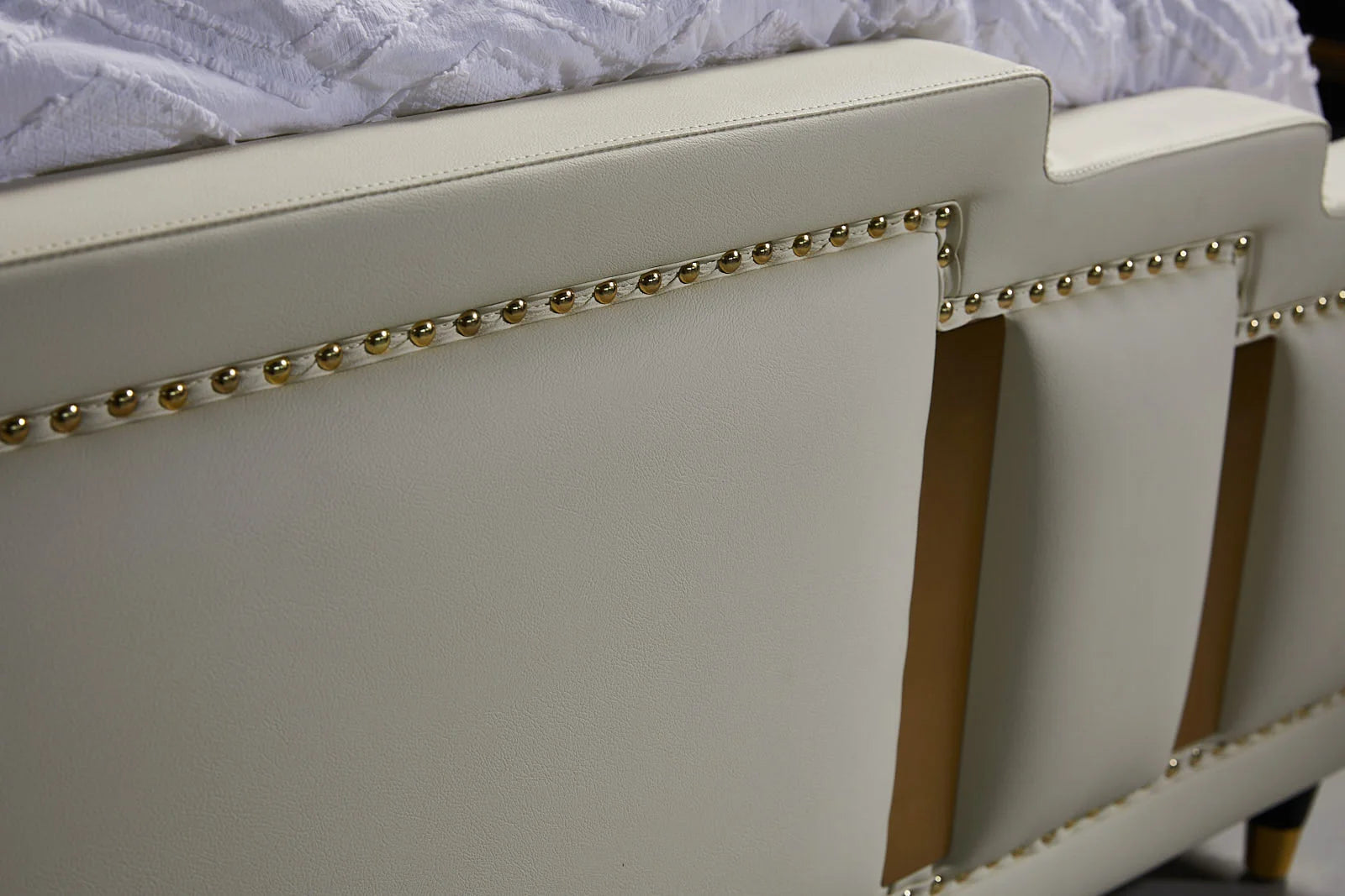 Flora Bed Base Covered in White Leather Details