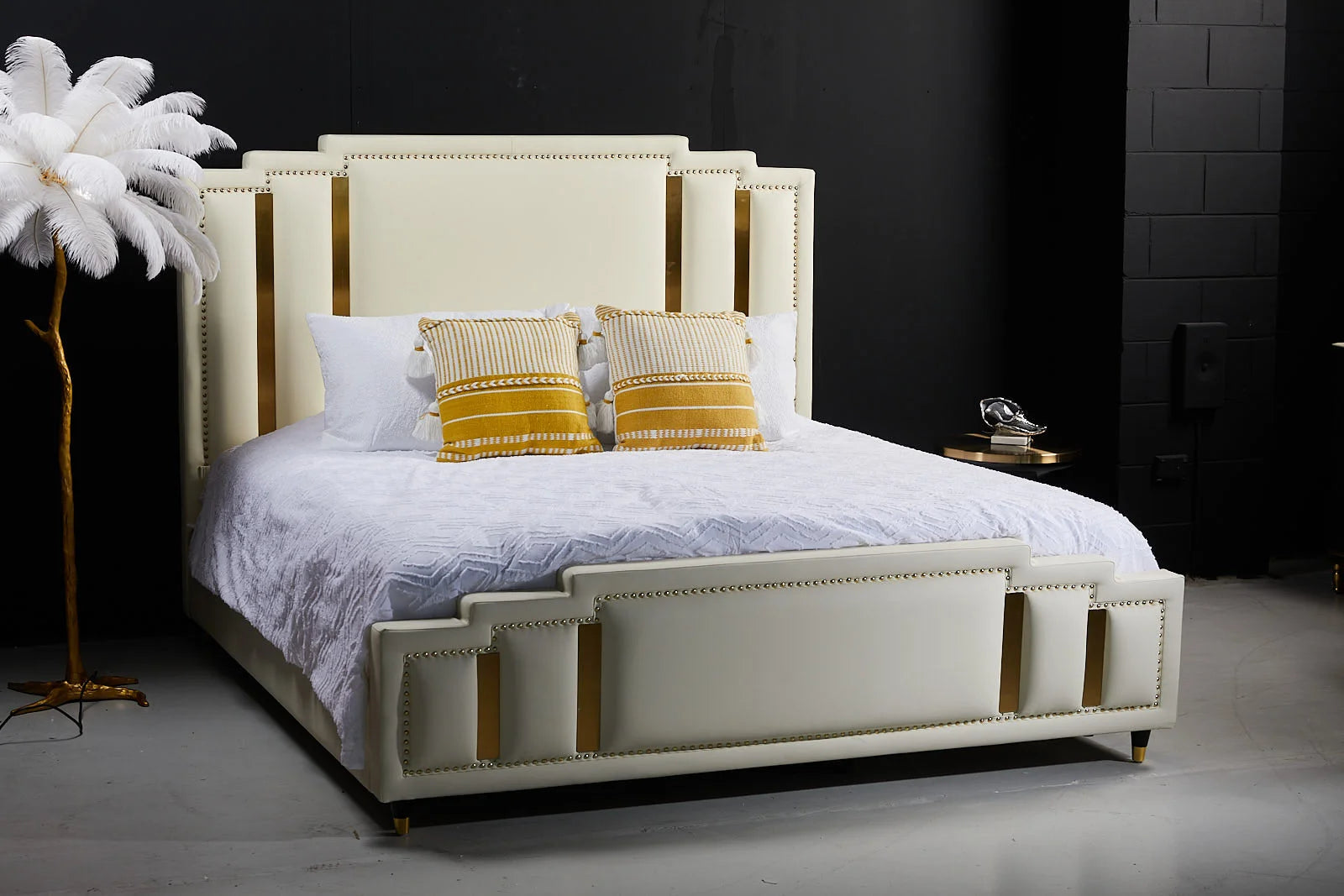Flora Beige Leather Bed-frame - White
