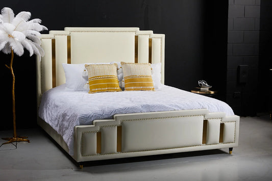 Flora Beige Leather Bed-frame - White