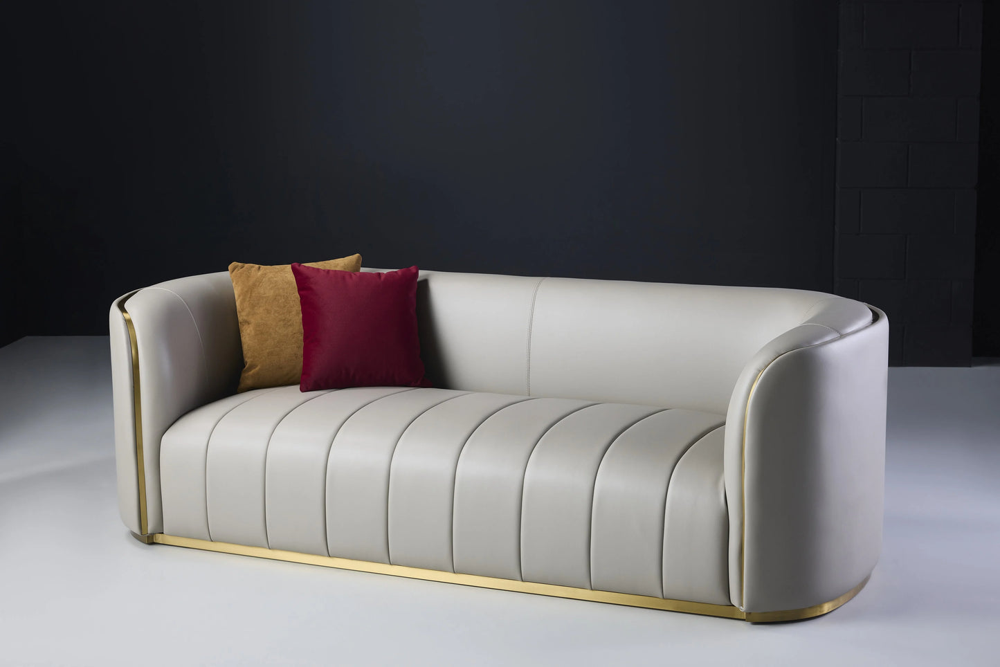 Gia 2-seater Taupe Leather Sofa With Pillows