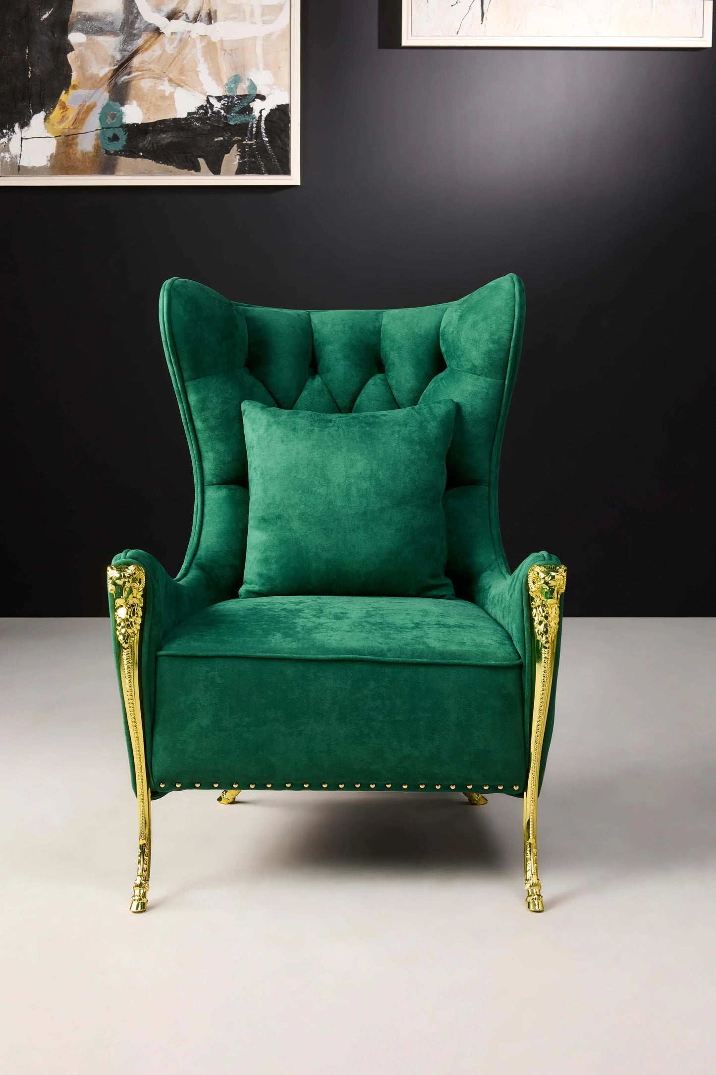 Green Crown Velvet Chair Front View in Royal Style