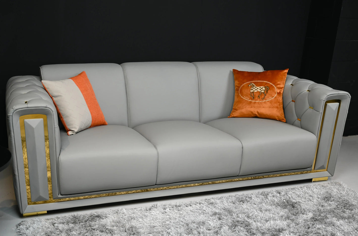 Judy 3-seater Grey Leather With Gold Frame Display