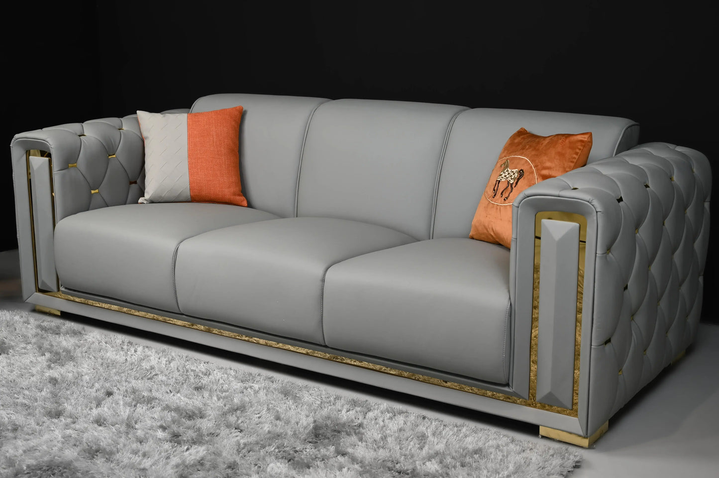 Judy 3-seater Couch Grey Leather With Gold Frame Finish