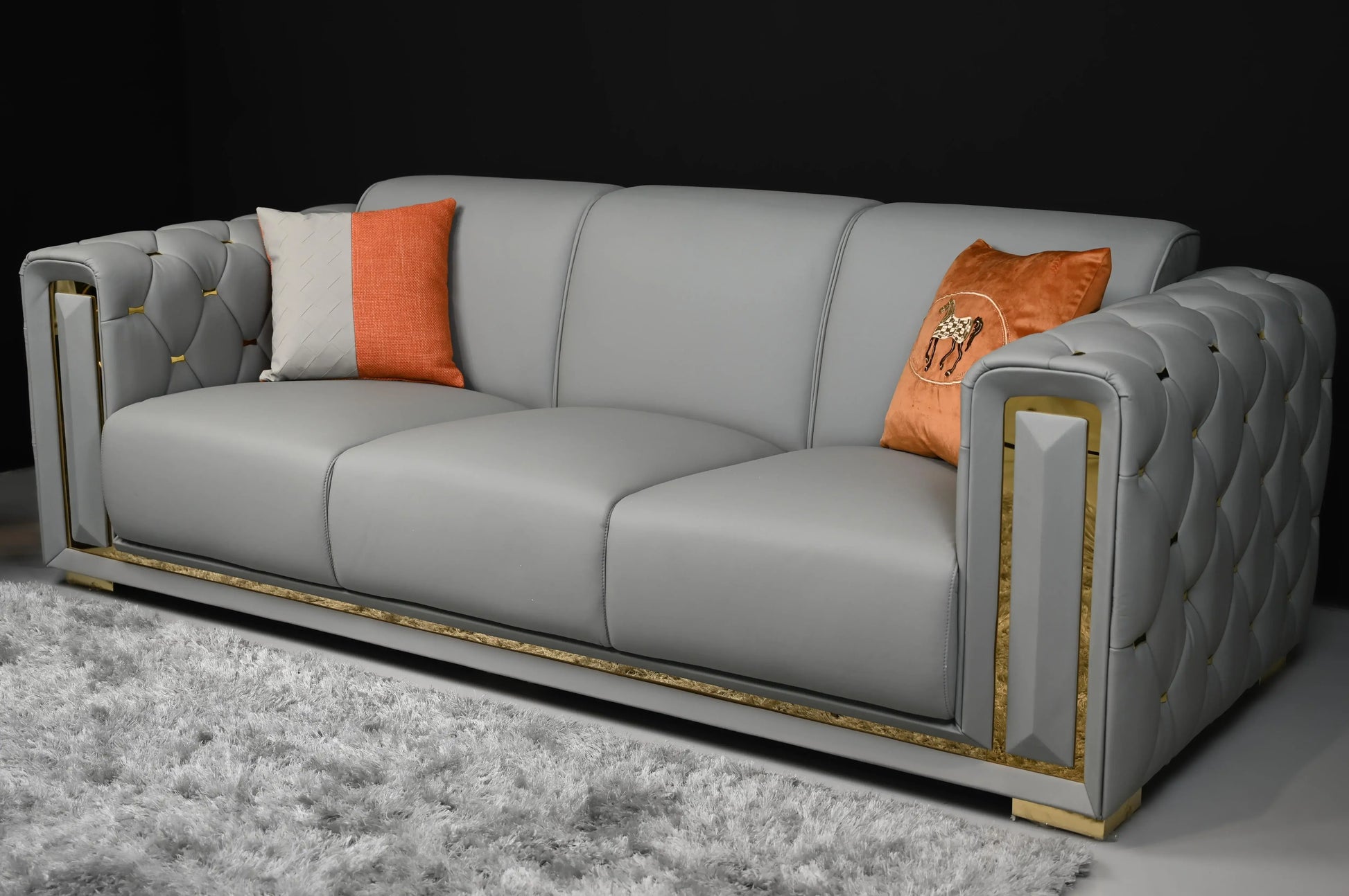 Judy 3-seater Couch Grey Leather With Gold Frame Finish