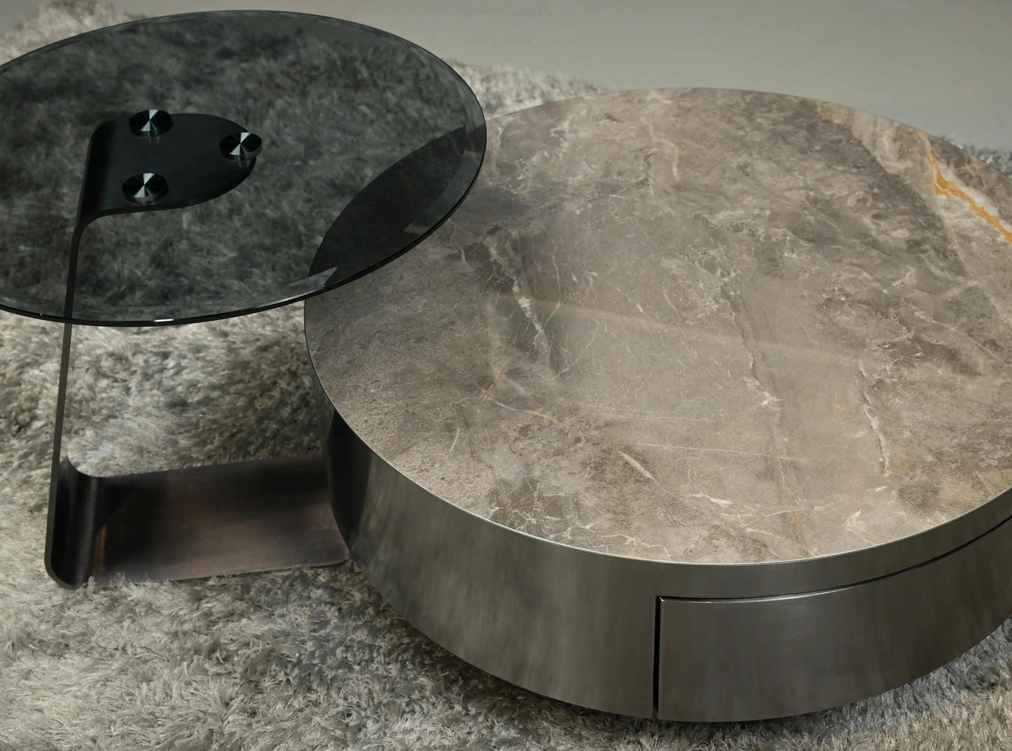 Olive Coffee Table With Marble and Glass Top Surface