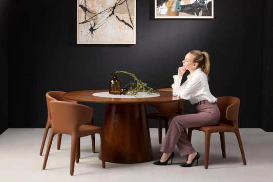 Yara Dark Wood Round Dining Table With Female Model