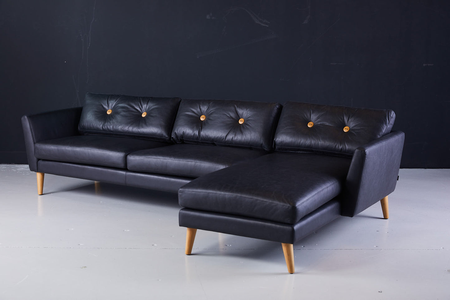 Auris 3 seater L shape black leather sofa