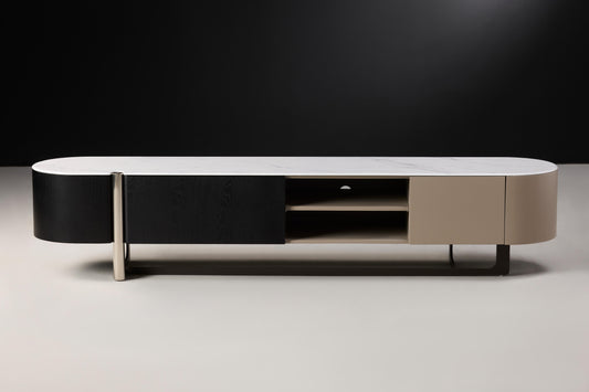 Nicol TV Unit with Sliding Door for Storage - Beige and Black