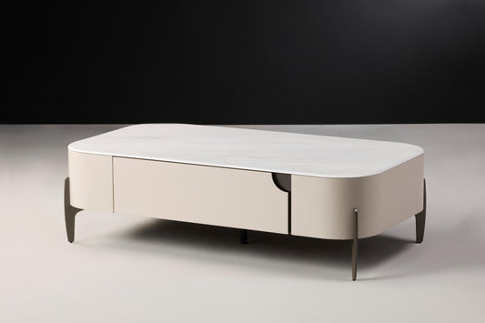 Maya Beige Coffee table with Marble Top and Hidden Drawer