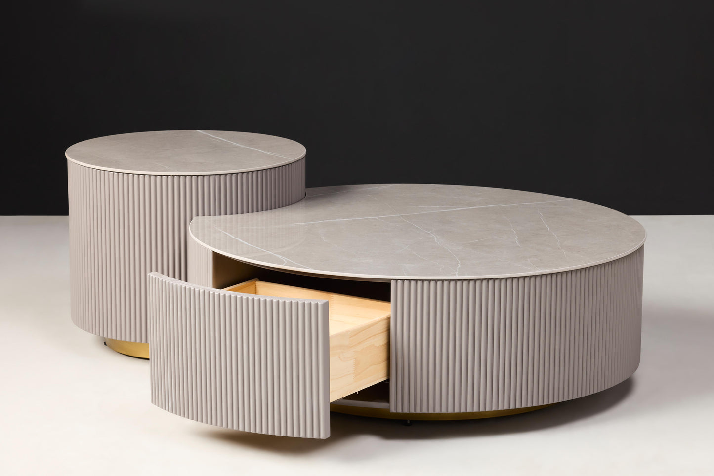 Puck MDF Coffee Table with Grey Marble Finish and Hidden Drawers