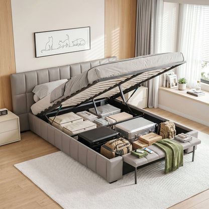 Ora Double Size Upholstered Gas Lift Bed Frame with Foldable Bench PVC Leather Platform Bed with Storage