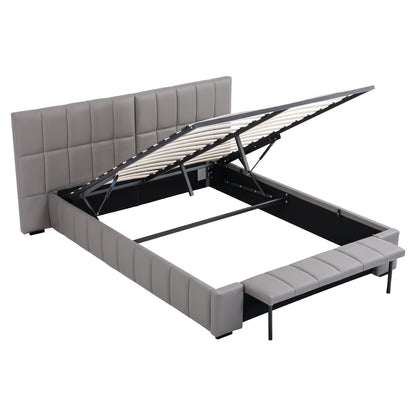 Ora Double Size Upholstered Gas Lift Bed Frame with Foldable Bench PVC Leather Platform Bed with Storage
