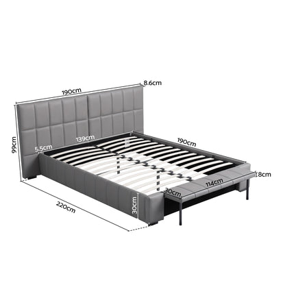 Ora Double Size Upholstered Gas Lift Bed Frame with Foldable Bench PVC Leather Platform Bed with Storage