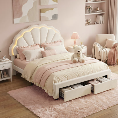 Milo Double Bed Frame with 2 Storage Drawers Upholstered Velvet Platform Bed LED Headboard