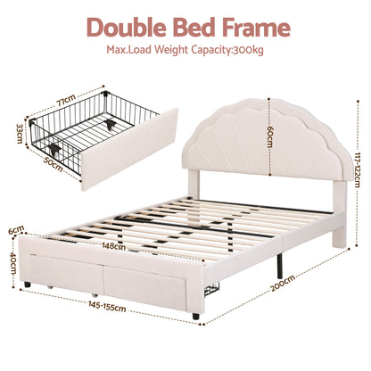 Milo Double Bed Frame with 2 Storage Drawers Upholstered Velvet Platform Bed LED Headboard
