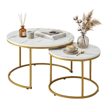 Nesting Coffee Table Set of 2 Round Marble Effect 70/50cm White & Gold
