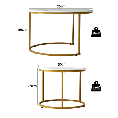 Nesting Coffee Table Set of 2 Round Marble Effect 70/50cm White & Gold