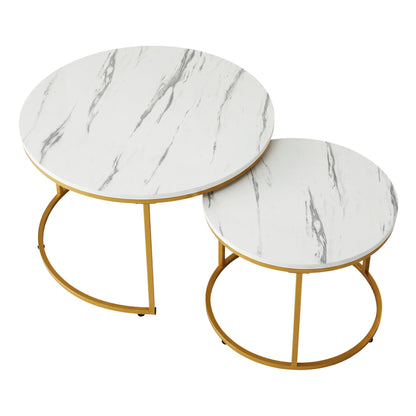 Nesting Coffee Table Set of 2 Round Marble Effect 70/50cm White & Gold