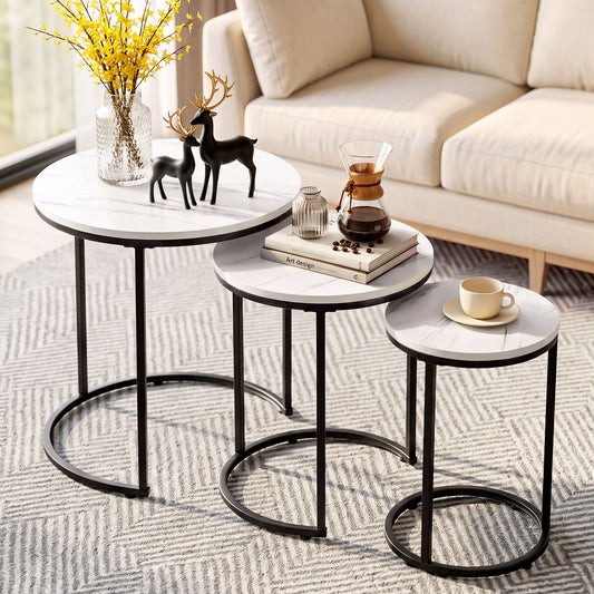 Axel Nesting Coffee Table Set of 3 Round Stackable Side End Tables Marble Finish White