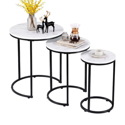 Axel Nesting Coffee Table Set of 3 Round Stackable Side End Tables Marble Finish White
