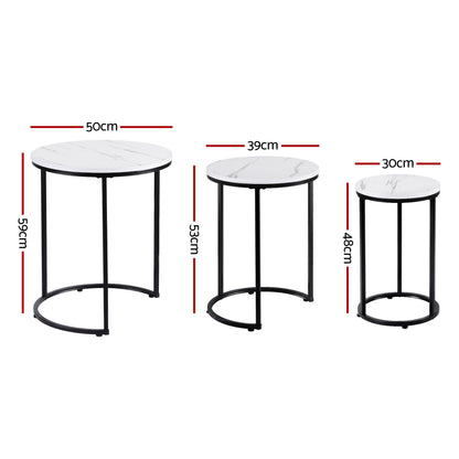 Axel Nesting Coffee Table Set of 3 Round Stackable Side End Tables Marble Finish White