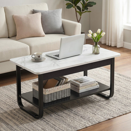 Arto Coffee Table 2-Tier 80CM Marble Finish Shelf Black&White