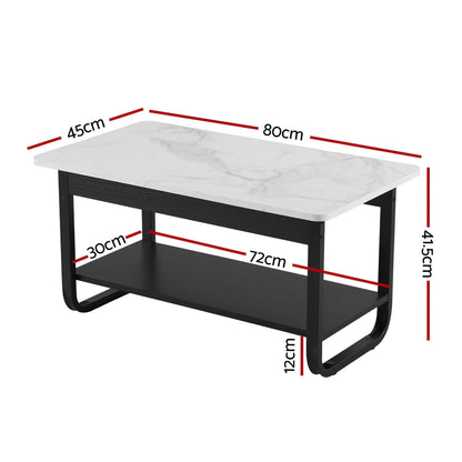 Arto Coffee Table 2-Tier 80CM Marble Finish Shelf Black&White