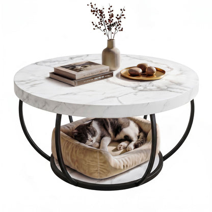Finn Coffee Table 2-Tier Marble Finish Round White&Black