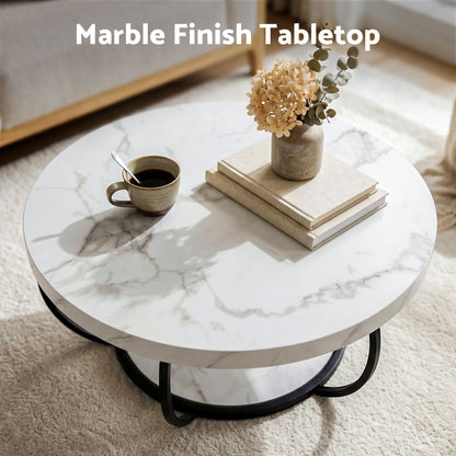 Finn Coffee Table 2-Tier Marble Finish Round White&Black