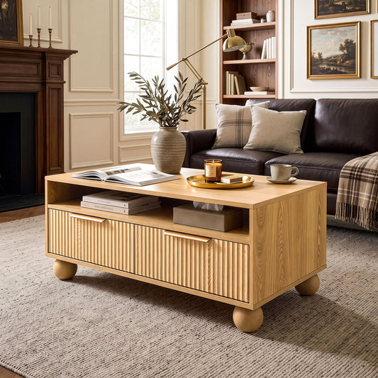 Remi Coffee Table 90cm Center Table Fluted Drawers Open Shelf Spherical Solid Legs Wood