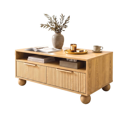 Remi Coffee Table 90cm Center Table Fluted Drawers Open Shelf Spherical Solid Legs Wood