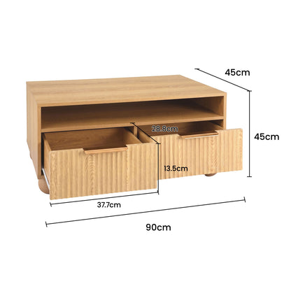 Remi Coffee Table 90cm Center Table Fluted Drawers Open Shelf Spherical Solid Legs Wood