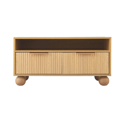 Remi Coffee Table 90cm Center Table Fluted Drawers Open Shelf Spherical Solid Legs Wood