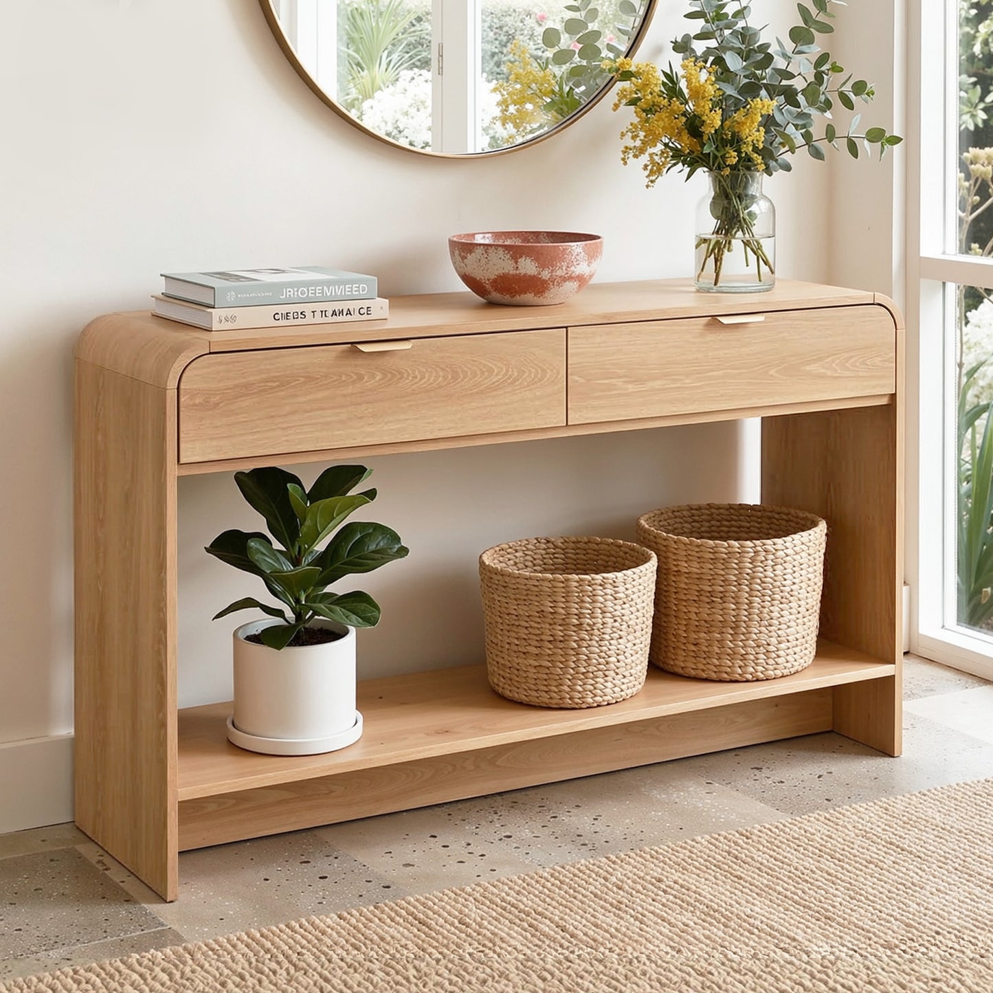 Console Table Hallway Entryway Storage Drawer Shelf Curved Edge 120CM Pine