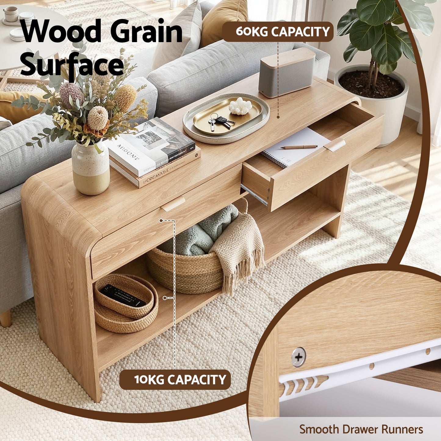Console Table Hallway Entryway Storage Drawer Shelf Curved Edge 120CM Pine