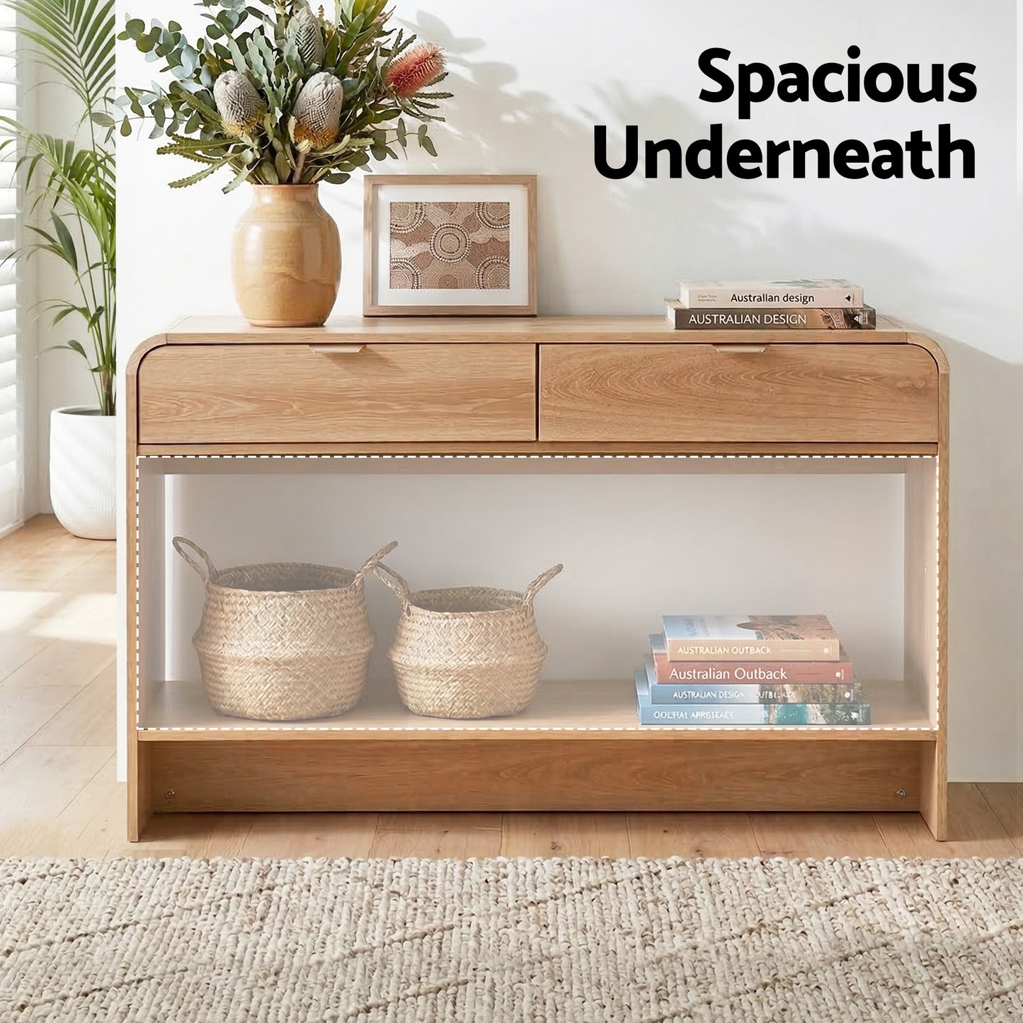 Console Table Hallway Entryway Storage Drawer Shelf Curved Edge 120CM Pine