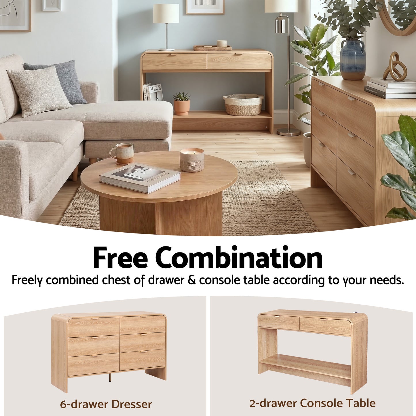 Console Table Hallway Entryway Storage Drawer Shelf Curved Edge 120CM Pine