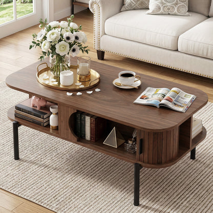 Kaia Coffee Table Living Room Center Table Shelf Cabinet Walnut