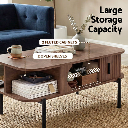 Kaia Coffee Table Living Room Center Table Shelf Cabinet Walnut