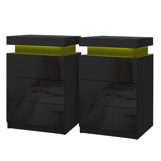 Milo 2X Bedside Table LED 3 Drawers - COLEY Black