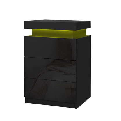 Milo 2X Bedside Table LED 3 Drawers - COLEY Black